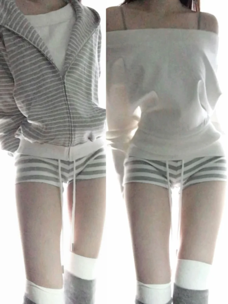 Harajuku Casual Contrast Color Stripe Shorts Women High Waist Drawstring ​slim Fit Vintage Pants Y2k Aesthetic Grunge Trouser