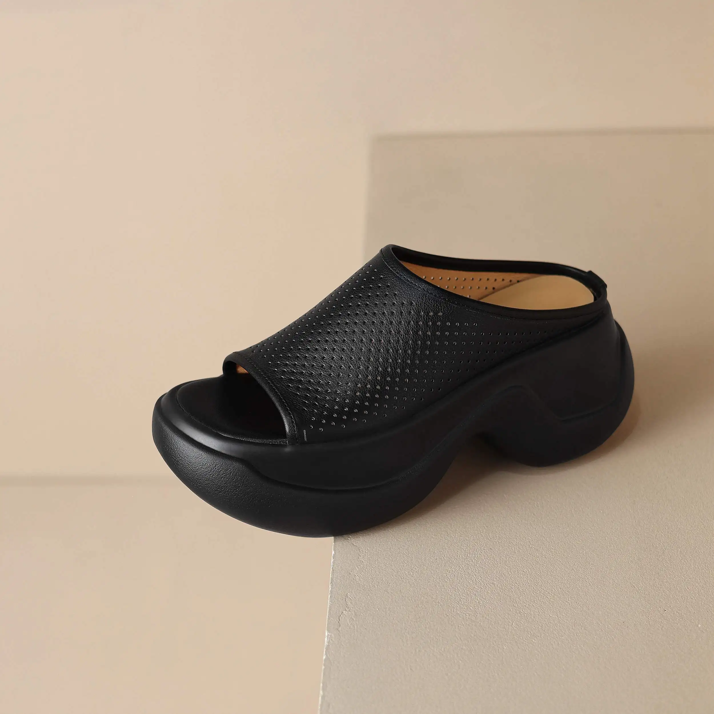 Krazing Pot Cow Leather Peep Toe Slip On High Heel Slingback Breathable Concise Mules Casual Slides Solid Platform Women Sandals image 4