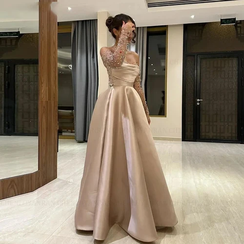Vestidos para ocasiones formales elegantes sin tirantes personalizados, vestido largo de fiesta con cuentas de satén y corte en A, vestido de fiesta de noche