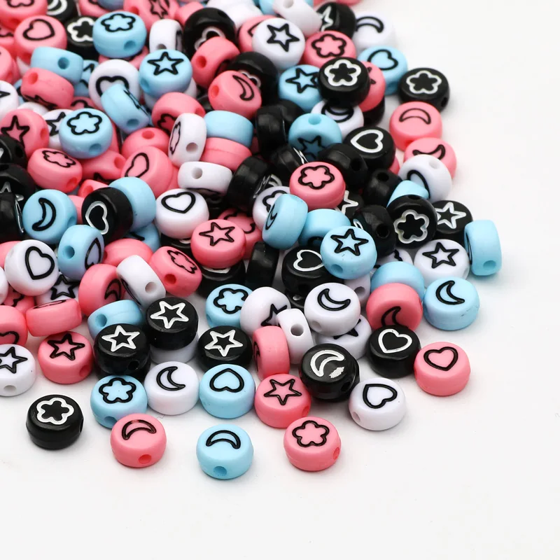 100Pcs Mixed Pattern Acrylic Beads Flat Round Loose Spacer Beads For Needlework Diy Jewelry Making Bracelet Necklace Accessories