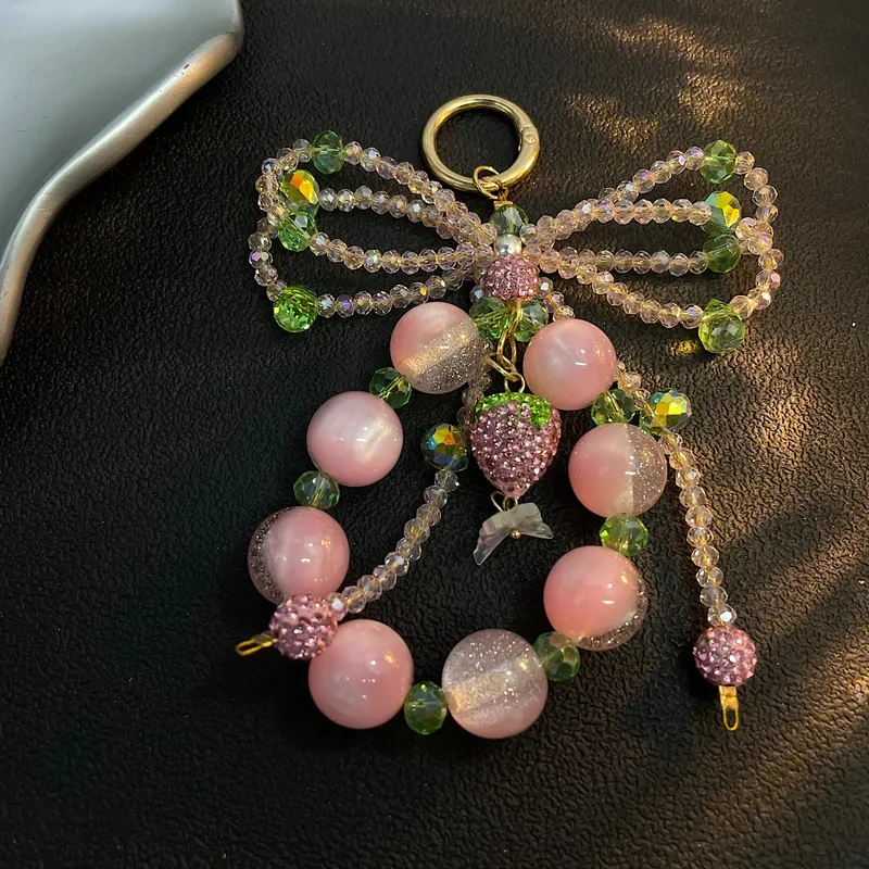 

New Strawberry Diamond Ball Phone Charms for iphone Samsung Rope Bead Crystal Round Earphone Case Pendant Bow Mobile Chain Strap