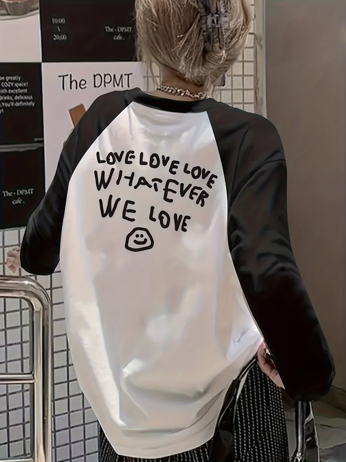 Korean-style Ins-inspired Women's Raglan Long-sleeve T-shirt with Front and Back Smiling Face and LOVE Letter Print Casual Tops