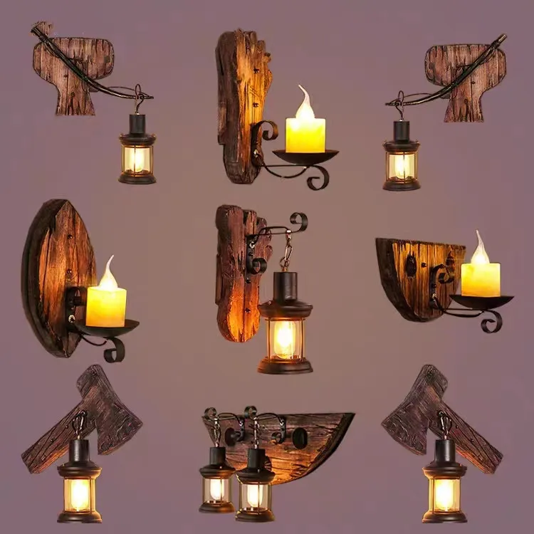 Industrial Vintage wooden wall light Loft Home candle warmer lamp Metal Glass Lampshade Living Room Bedside bar decoration lamps