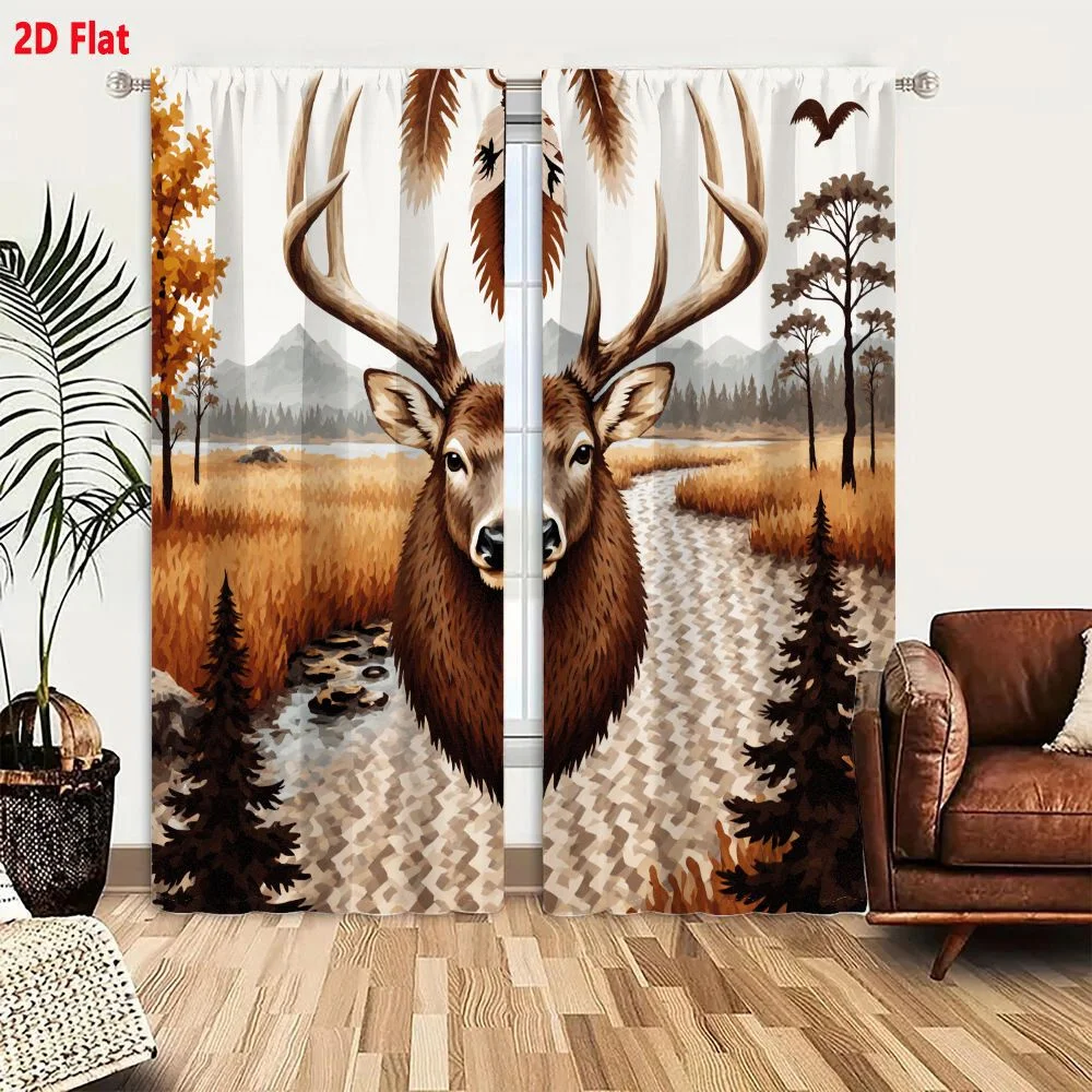 2Pcs Curtains 2D Flat Deer Head With Antlers Dreamcatcher Autumn Landscape Art Illustration Window Drapes for Bedroom Room Decor