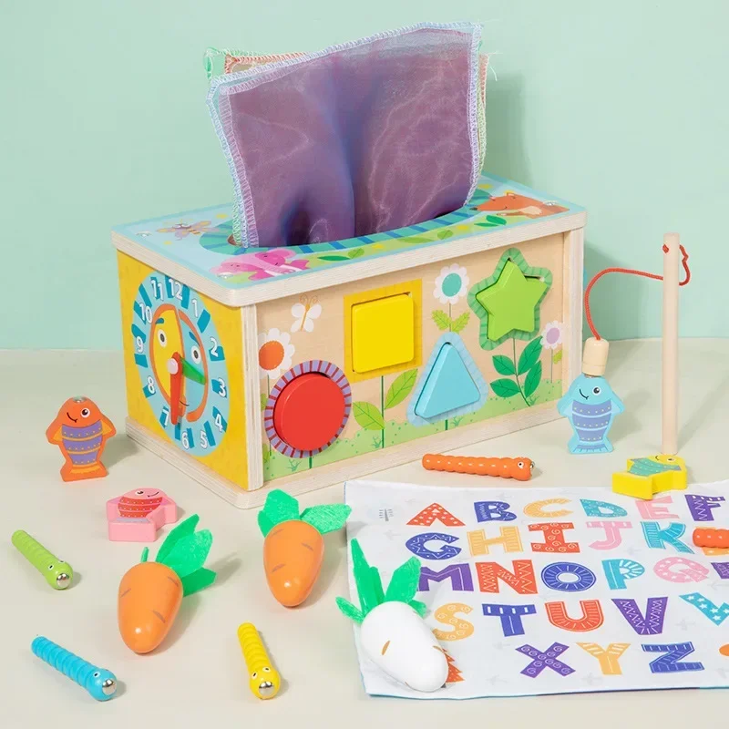 Caja de pañuelos para bebé, juguetes Montessori para bebés de 6 a 12 meses, clasificador de formas, regalos, juguetes de habilidades motoras para niños pequeños, madera