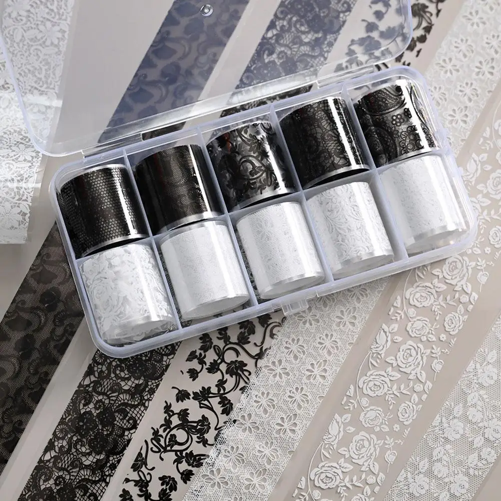 Sexy schwarz-weiße Spitzen-Nagelkunst-Transferaufkleber, 10 Rollen floraler, wasserfester Nagelfolie zum vollständigen Umwickeln, einfach anzuwendende selbstklebende Maniküre – Detail 15