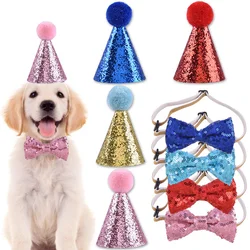 Cat Dog Bow Tie Hat Decoration 2Pcs/Set Baby Birthday Party Prop Accessory Glitter Pom Pom Headwear+Bowknot Collar Pet Supplies