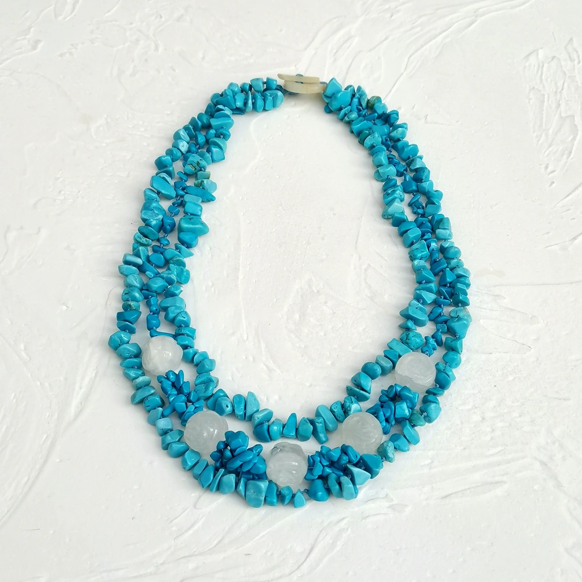 Lii Ji Blue White Necklace 59cm Turquoise Crystal Quartz Rose Flowers 3rows Women Necklace Stock Sale Jewelry