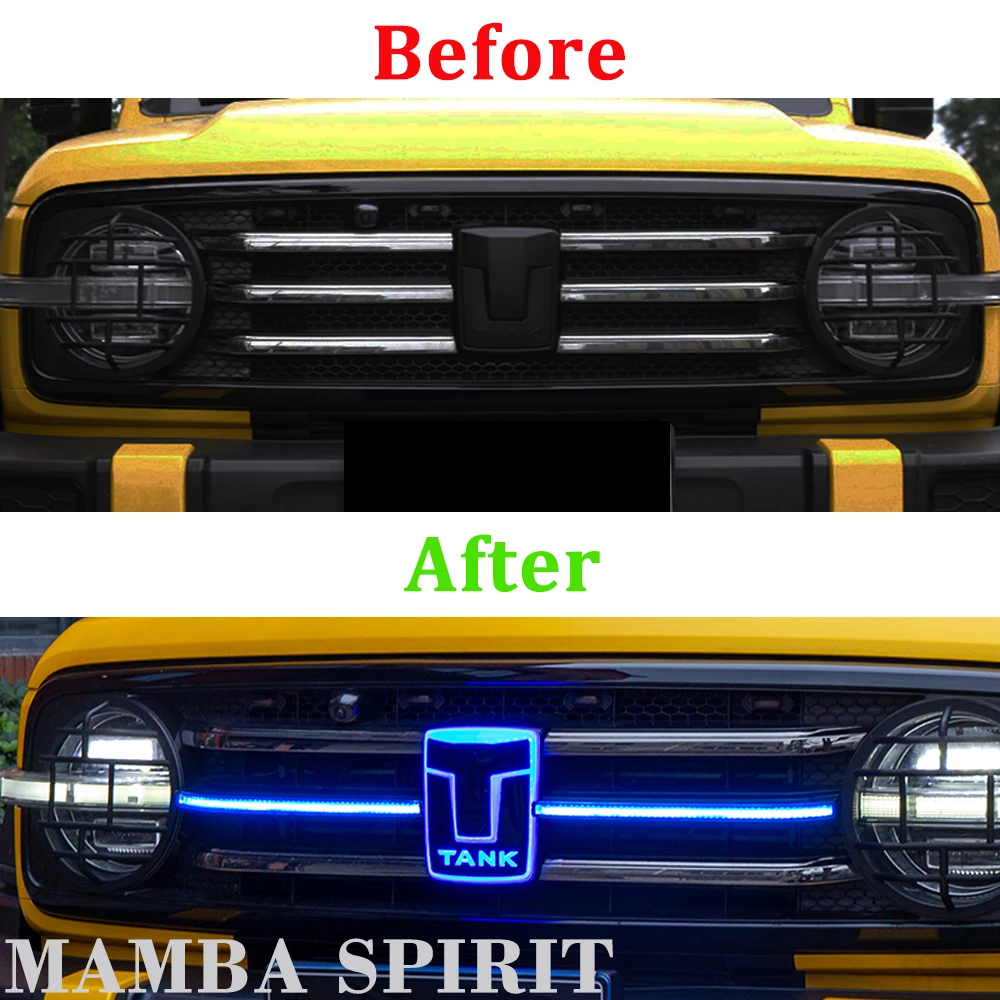 For Great Wall GWM Tank 300 Car Grille Light Horizontal Bar Runs Through Light Logo illuminated badge Auto Exterior Accessories