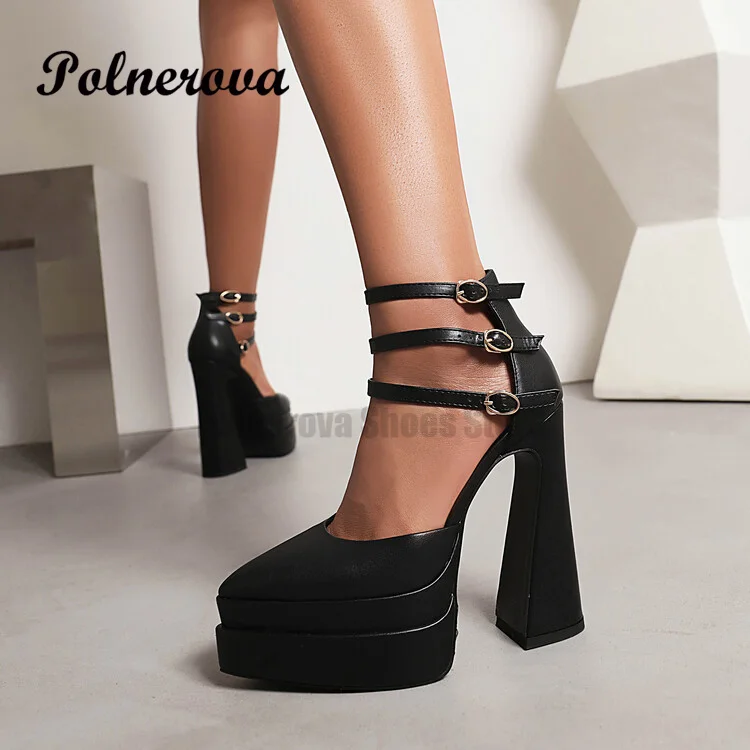 

Three-Layer Buckle Chunky Sandals Pointed Hollow High Heel Mary Jane Single Shoe Water Platform High Heels New Runway Shoes