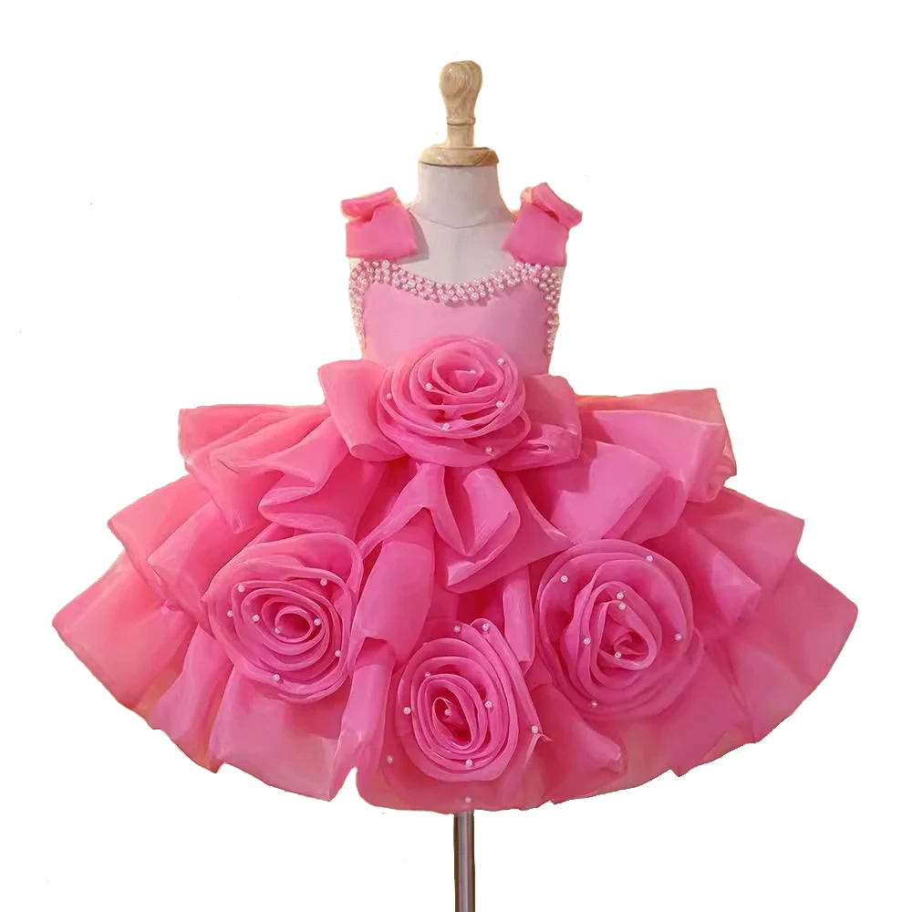 Hot Pink Pearls Tiered Ruffels Flower Girl Dresses For Weddings Girl Princess Cake Birthday Party Dress Infant Toddler Ball Gown