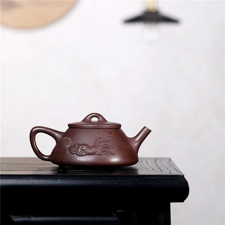 

Handmade Yixing Purple Clay Pot Ore Longshi Ladle Famous Hand Carved Household Gongfu Teapot Tea Set 290cc