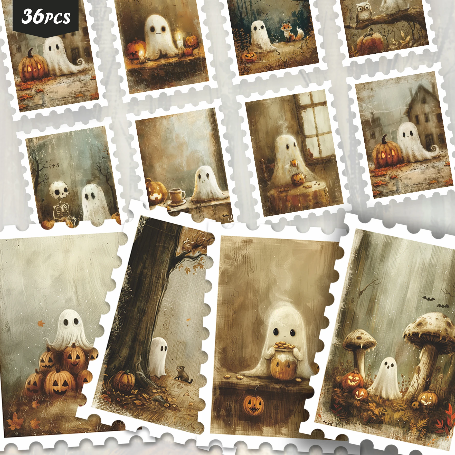 36PCS Old Halloween Ghost Stickers, ghost pumpkin moon motifs, weathered vintage aesthetic, ideal for tumblers, for pads and for