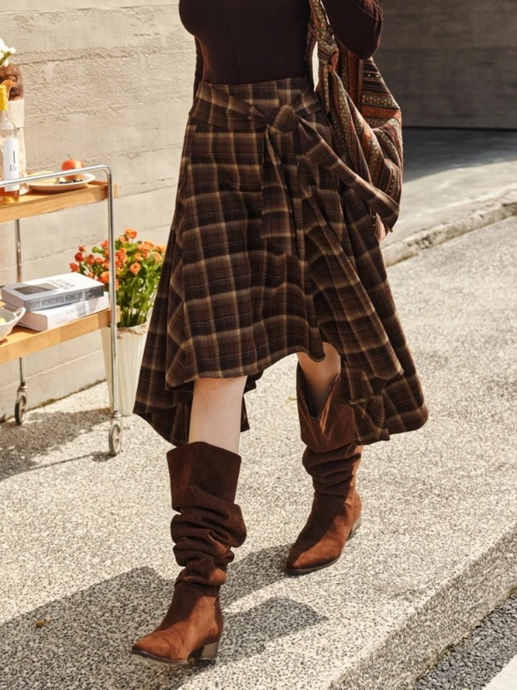 

OLrain Women's Irregular Skirts 2025 Autumn Plaid Long Skirt Fashion Casual Loose Fit Skirt Female Clothing Elegant O57DB001932