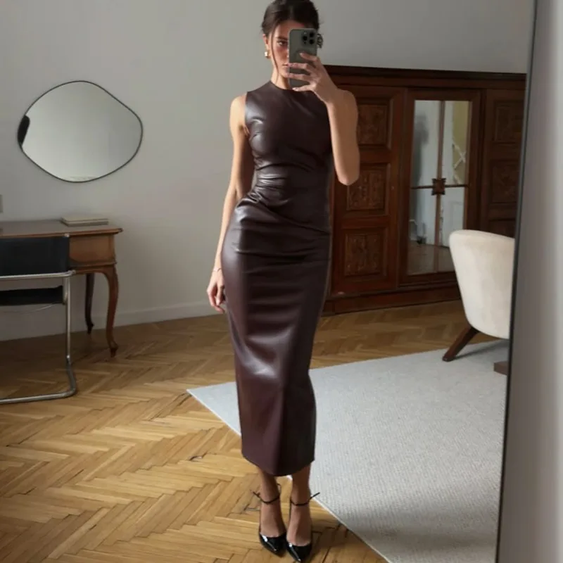 

Talenza Vintage Brown Leather Dress Women's Round Neck Sleeveless Slim Y2k Party Dress Elegant Skinny High Waisted Leather Dress