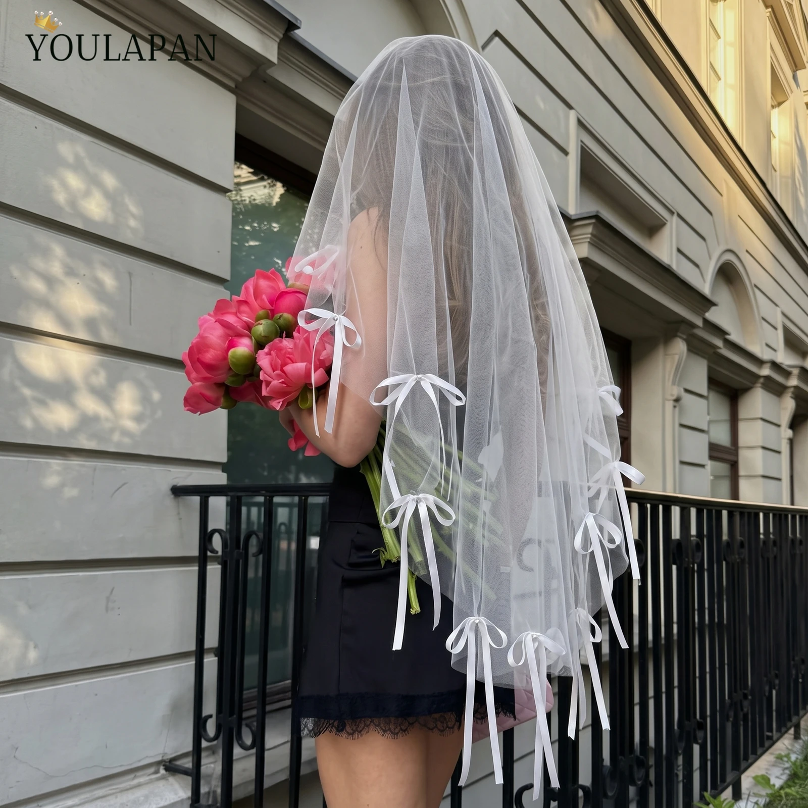TOPQUEEN Ribbon Decorative Voile MariéE Bow Veil Bridal Wedding Supplies Blusher Velo De Novias Lolita Customed M139