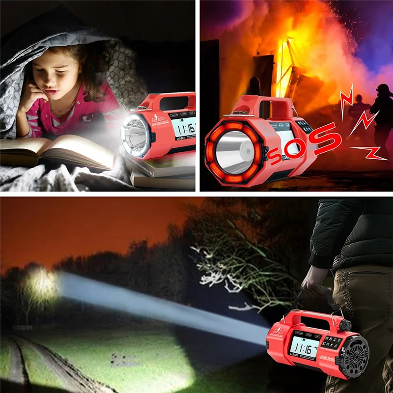 ABSQ-HRD908 راديو طوارئ متعدد الوظائف مع نطاقات AM/FM/SW/WB مصباح يدوي كبير، مكبر صوت كبير، مولد كرنك يدوي