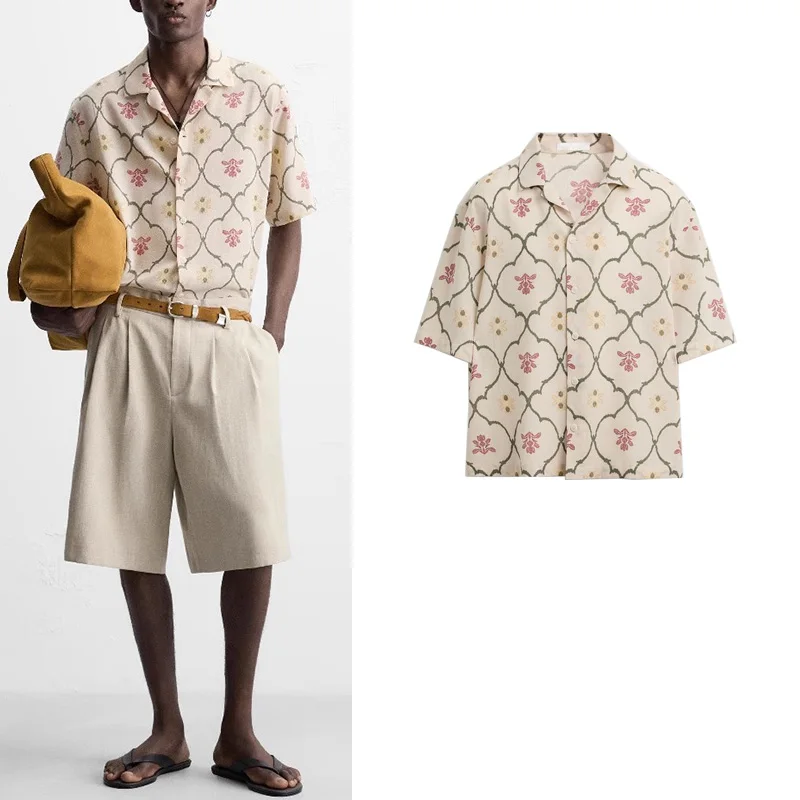 

Summer Men's Loose Fit Printed irt ort Sve Bowling Collar Diamond Pattern Casual Vintage Loose Fit irt