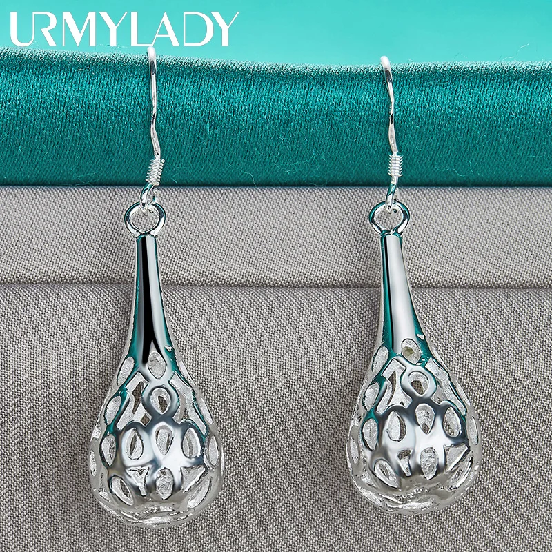 URMYLADY 925 Sterling Silver Hollow Water Drop Earrings Eardrop for Women Fashion Wedding Engagement Charm Jewelry