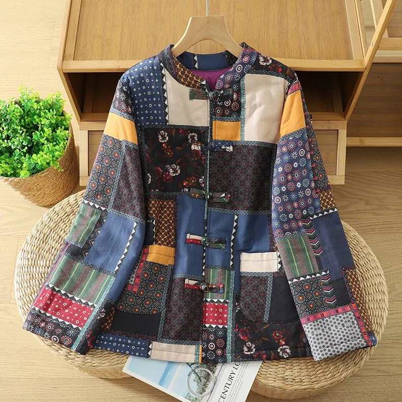 

Lightweight Old Cloth Floral Print Cotton Jaet Women's Sle Winter Thiened Long Sve Stand Collar Single Button Coat