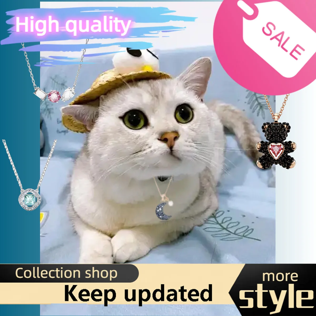

Cat Accessories 2025 New Austrian Crystal jewelry Blue Zircon Moon Pearl necklace Luxury elegant girl party premium accessories