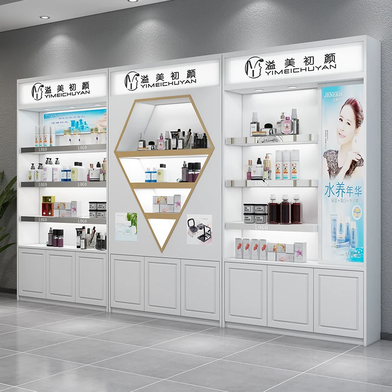 Cosmetics display cabinet Beauty salon product display cabinet Custom modern simple skin care products display case with light