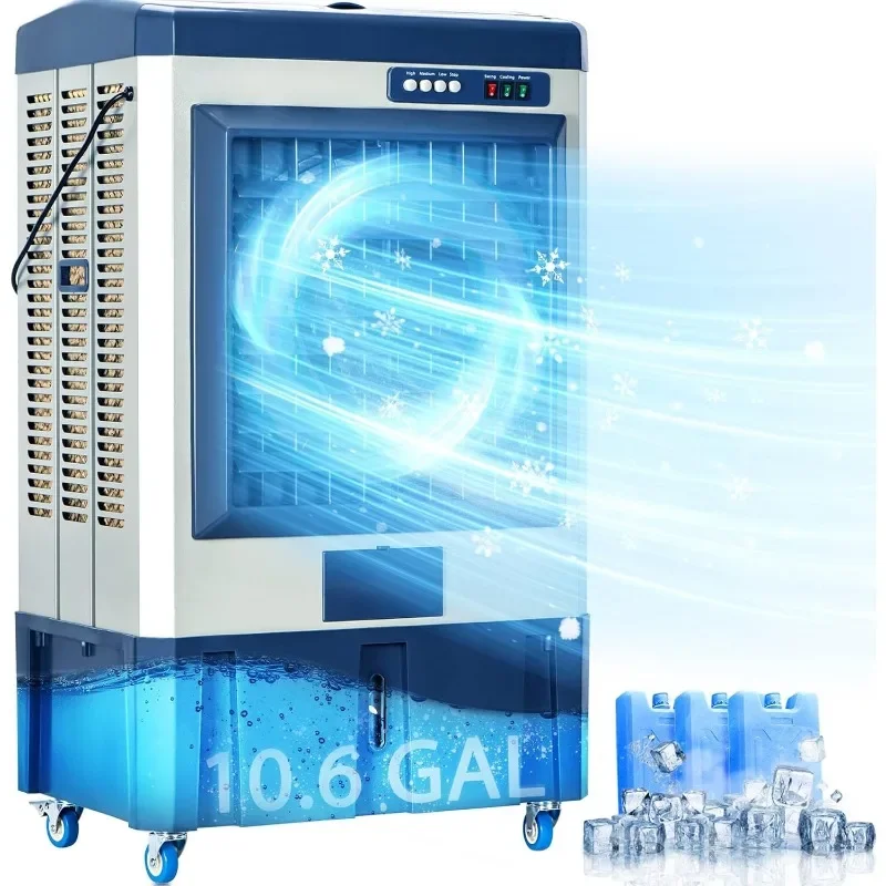 Enfriador de palabras para acampar, enfriador evaporativo industrial, 3 velocidades, 120 ° Columpio, tanque de agua, paquetes de hielo, enfriador de aire evaporativo al aire libre para