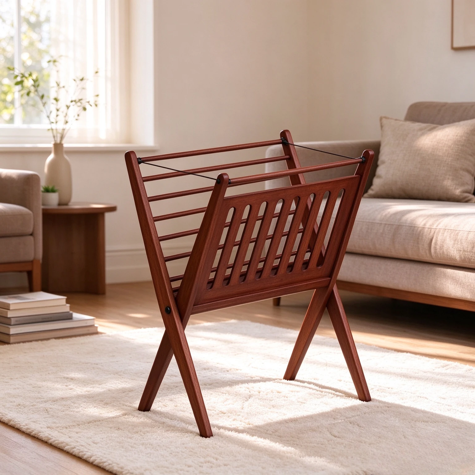 Wood X Design Magazine Rack, Mid Century Foldable Book Storage Organizer for Bedroom, Living Room and Small Apartment Spaces