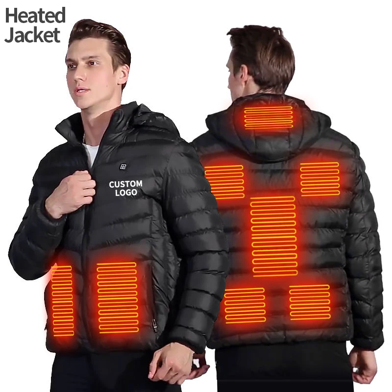 8 Heat Zones Rechargeable Electric Battery Heating Puffer Jacket Winter Waterproof Heated Jacket for Men Woven Print Pattern