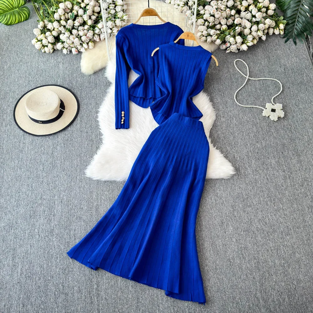 Women Three-Piece Sets Vintage Sleeveless Vest Knit Cardigan Top High Waist Mermaid Skirt Korean High Street Winter Clothing