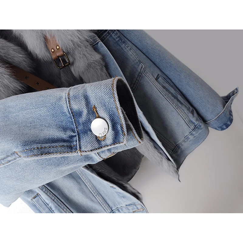 Winter Thick Real Fox Fur Collar Rabbit Fur Liner Denim Jacket Women Outerwear Vintage Blue Big Pocket Loose Jeans Jacket Female