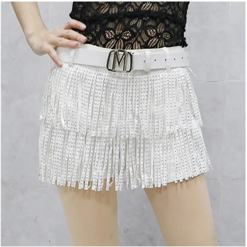 

White Black Tassel Stretch Shorts With belt Women 2024 Summer New Diamond inlaid Fashion Sexy High waisted Dance Short Pants