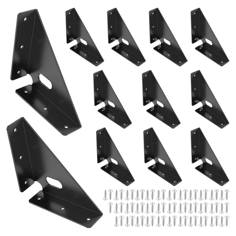 FYBL-Corner Brace Brackets For Wood, Extra Large Black Metal Triangle Shelf Brackets, 12 Pack Angle Desk And Bed Connectors
