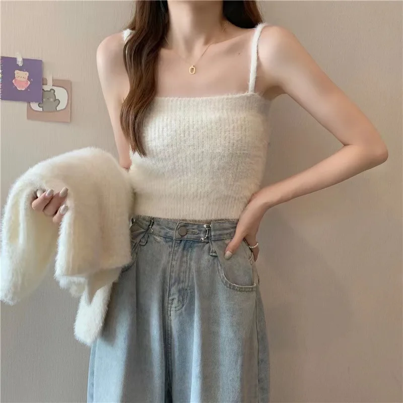 Artificial Mink Wool Sweater Set Solid Color Short Camisole Knitted Cardigan 2Piece Suit Autumn Hotgirl Clothes