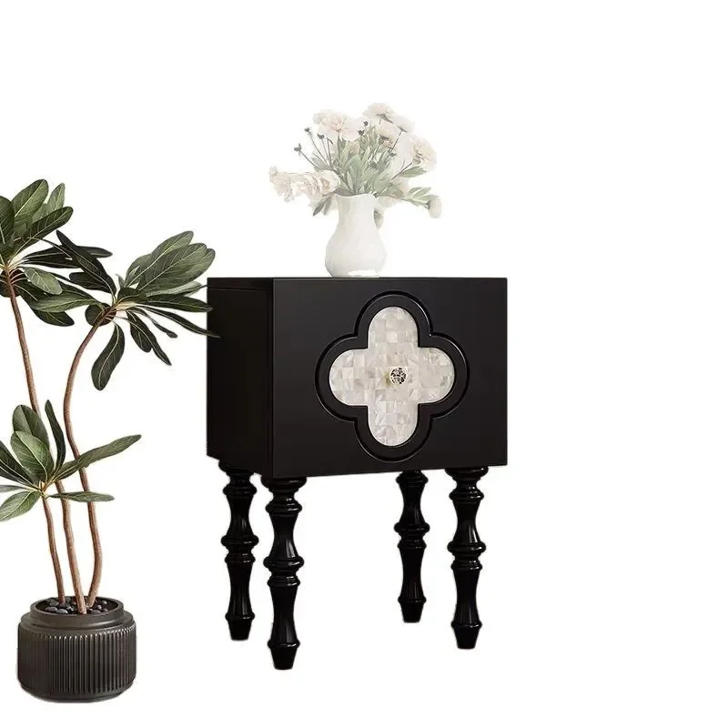 

French bedside table bedroom retro solid wood sofa bedside table black side cabinet four-leaf clover shell living room storage