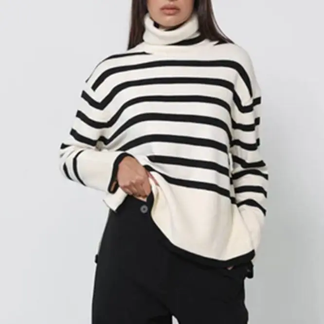 

2023 Street Fashion High Neck Flare Sleeve Black And White Stripe Split Knit Pullover Sweater