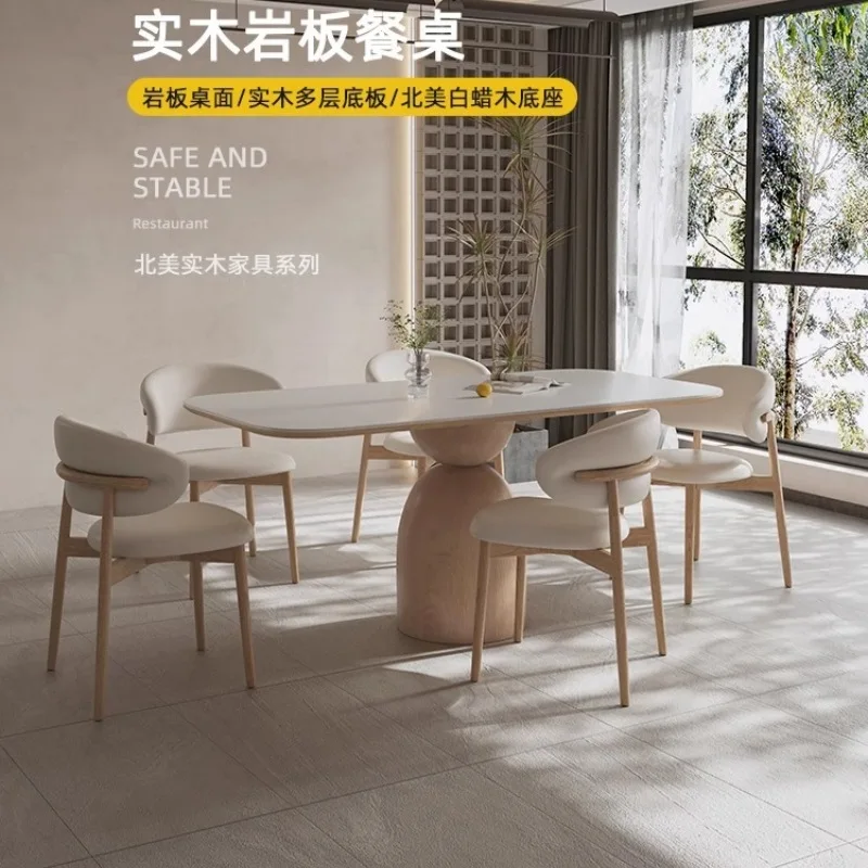 Cream style log color rock slab dining table and chair combination matte pure white household small apartment solid wood