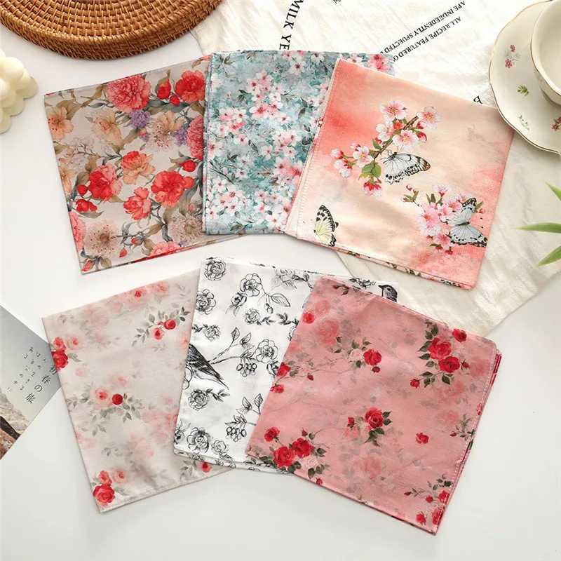 3Pcs 34x34cm 100% Cotton Lady Women Handkerchiefs Vintage Flower Printed Sweat Wiping Hand Towels Valentine Gift