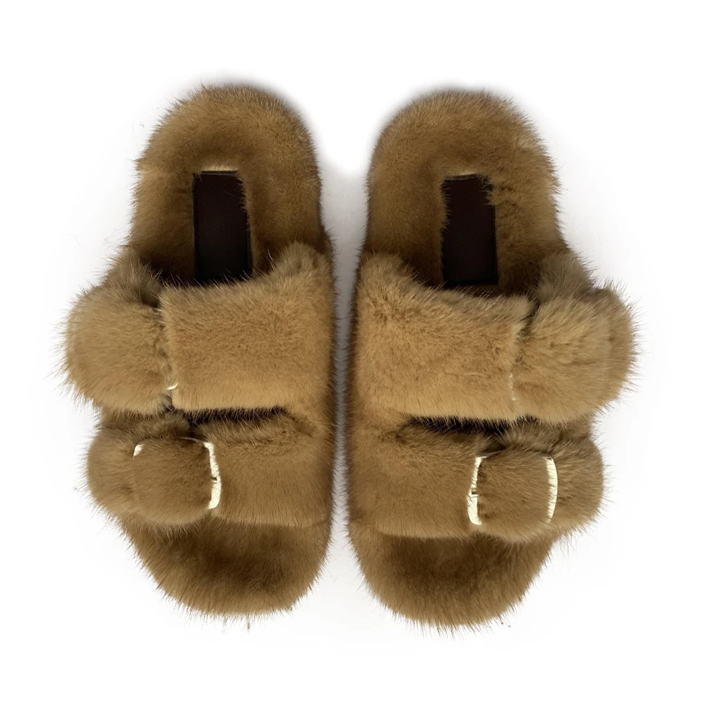 Women Fur Slippers Winter Warm Furry Mink Fur Fluffy Plush Slippers Home House Indoor Shoes Bedroom Slippers Female Ladies Shoes