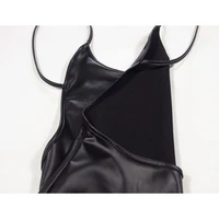 Sexy Faux Leather Dress Backless Club Party Short Dress Solid Black Wet Look Latex Bodycon Push Up Bra Mini Micro Dress 6