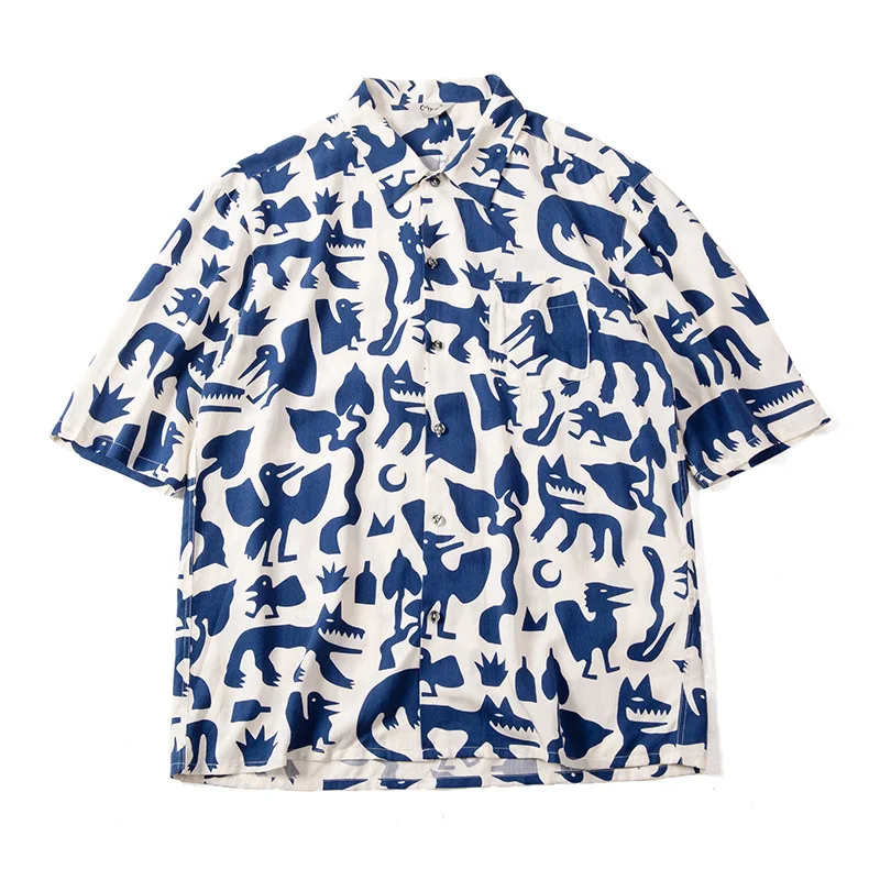 Madden Workwear_American Retro Indian Totem Flower Shirt Cuban Collar Graffiti Short Sleeve Beach Shirt Men's Summer