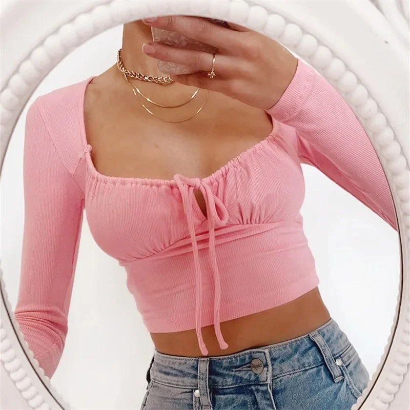 

Spiring Fashion Women's Cropped Shirt Drawstring Top Elastic Party Sweet Elegant Square Collar Bandage T-Shirt White Long Sleeve