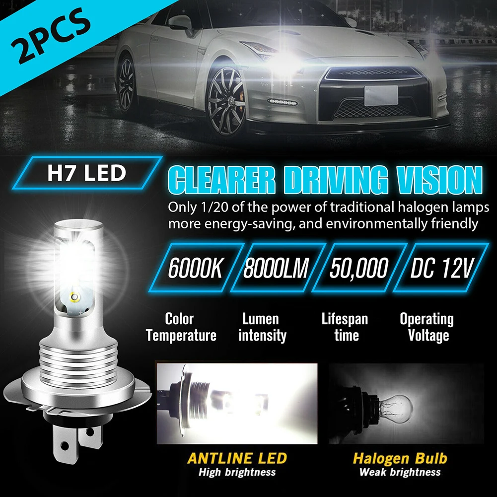 

2 Pcs H7 Led Headlight Bulb Car Front Fog Lamp High And Low Beam Conversion Kit 6000k 110w Ultra White