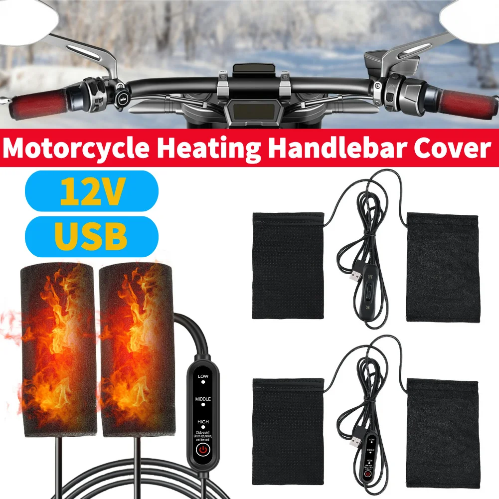 

12V USB Motorcycle Heating Handlebar Cover 3 Gears Electric Heated Grip Antislip Electric Heated Handle Cover for Outdoor Riding