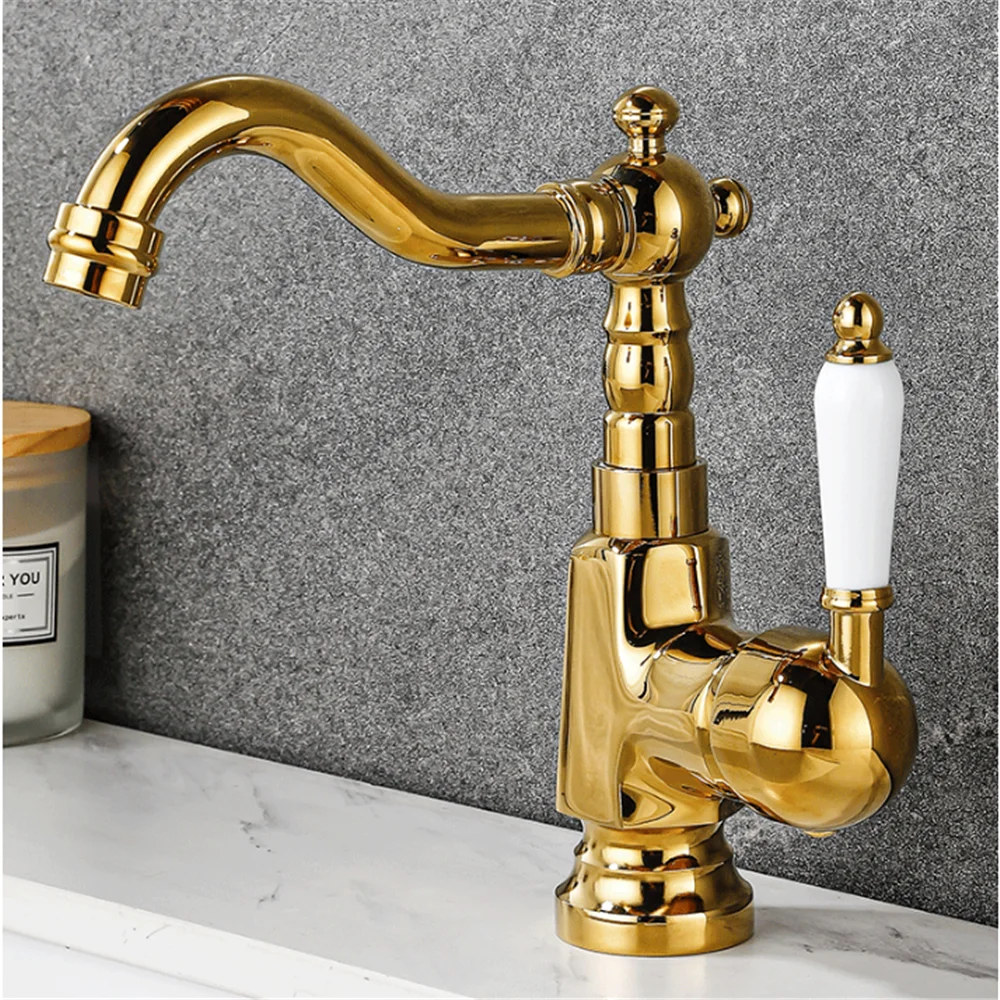 

Золотой высокий смеситель для раковины в ванную комнату, антикварный смеситель для умывальника, смеситель для раковины с горячей и холодной водой, кран-смеситель