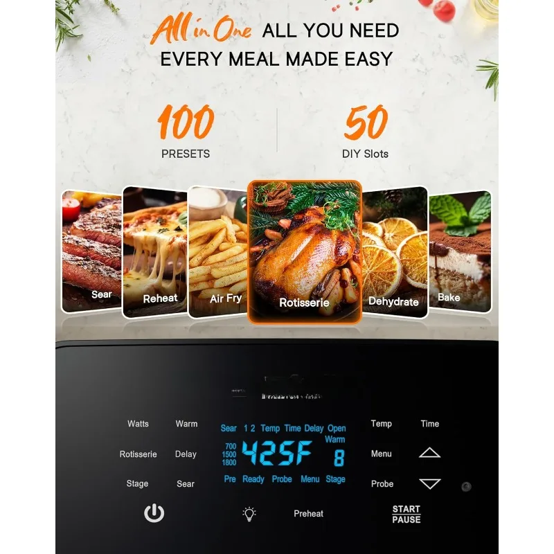 Air Fryer Toaster Oven, New Advanced Turbo Convection Tech, Max Even & Crisp, Powerful 1800W,150 Presets, Smart Probe, 4 Rack