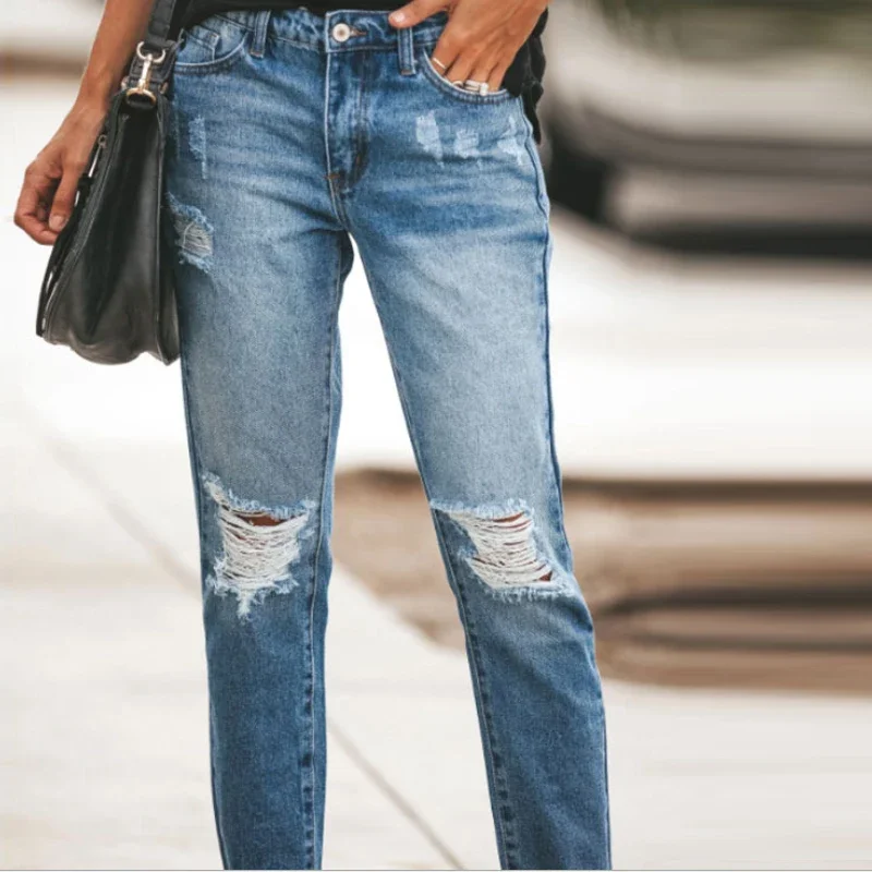 High Waisted Harajuku Blue Straight Pants 2021 Casual Jeans Women's Vintage Street Jeans Ripped Hip Hop Summer Denim Pant Female