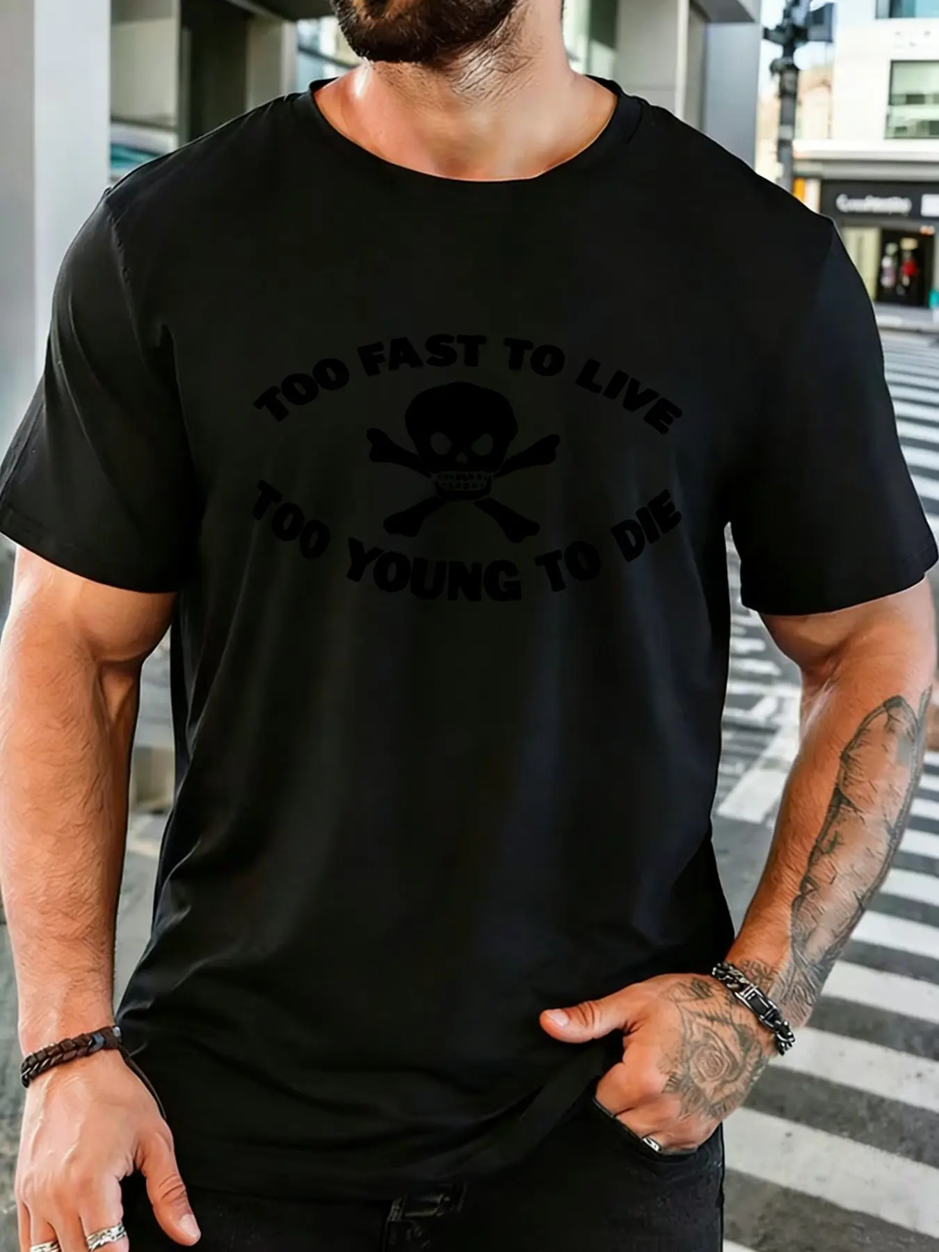 Fashion Mens Loose Cotton Crew Neck Top Retro Skull Crossbones Letter Slogan Print Punk Biker Street Casual Daily Holiday Tee