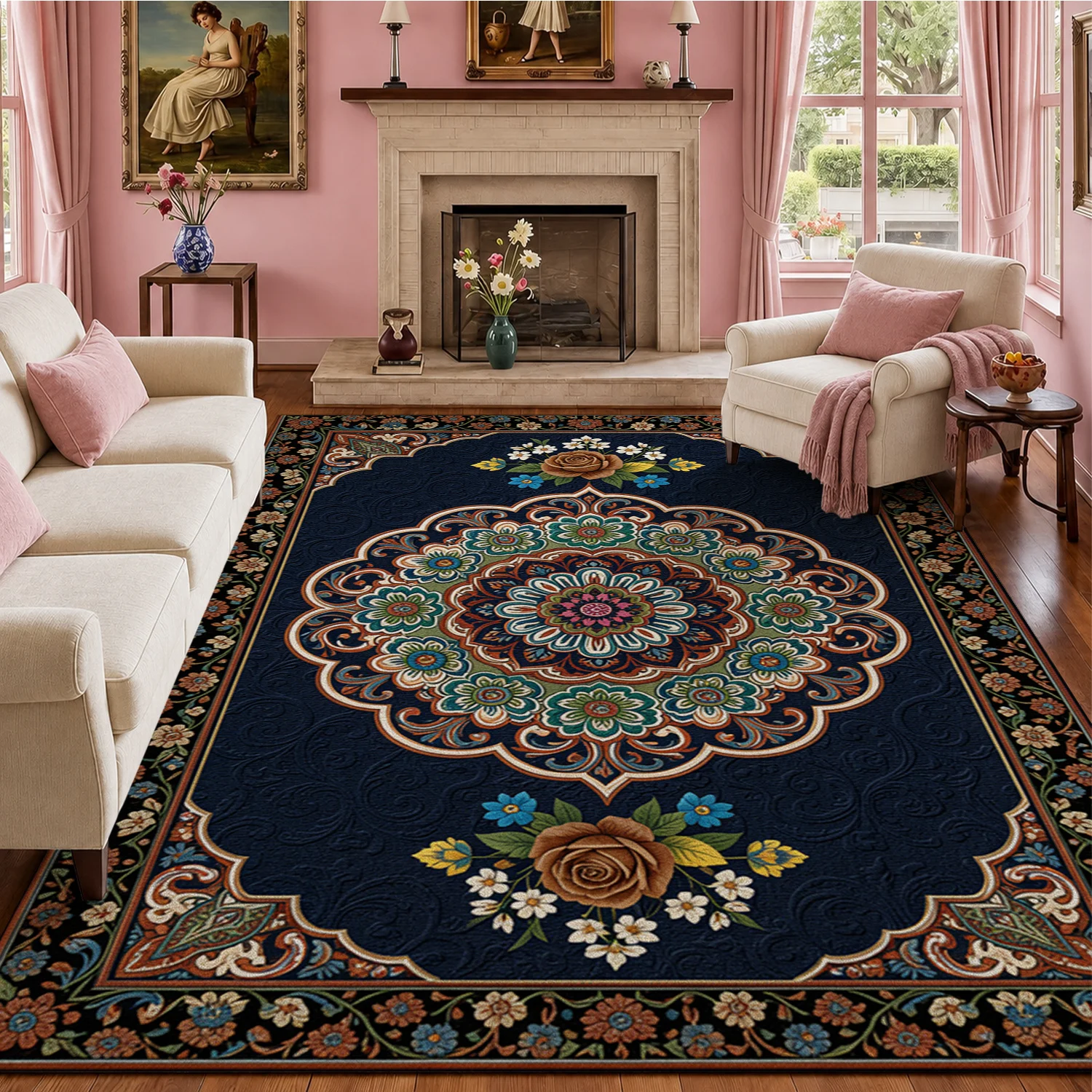 Vintage Floral Mandala Pattern Velvet Area Rug, Machine Washable Soft Floor Carpet for Living Room, Bedroom, Dining Area, Entryway, Ideal for Halloween, Thanksgiving, Christmas, New Year Home Decoration
