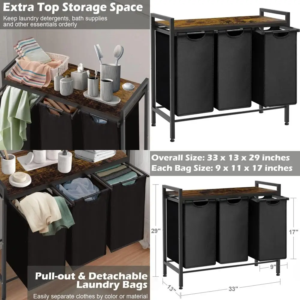 

3-Bag Laundry Sorter Hamper with Wooden Shelf, Space-Saving Organizer for Rooms, 8 Gallon Capacity, Black